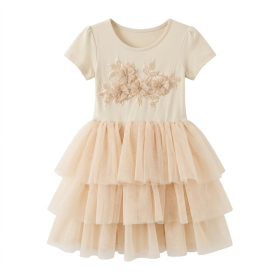 3D Floral Appliqué Tiered Tulle Short Sleeve Girls Dress