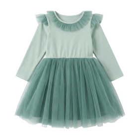 Mint Green Ruffle Collar Long Sleeve Tulle Tutu Dress For Girls