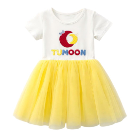 TUMOON Moon Embroidery Yellow Tulle Short Sleeve Girls Tutu Dress