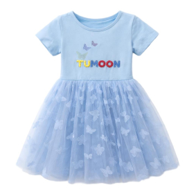 TUMOON Butterfly Print Light Blue Tulle Short Sleeve Girls Tutu Dress
