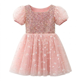 Pink Sequin Floral Tulle Girls Princess Dress
