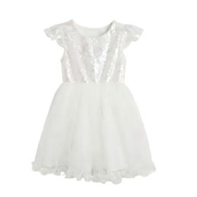 White Full Sequin Ruffle Sleeve Girls Tulle Princess Dress