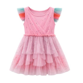 Pink Rainbow Ruffle Sleeve Glitter Tiered Tulle Girls Dress