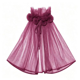 Burgundy Floral Applique Sheer Tulle Kids Cape Cloak