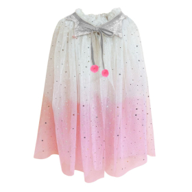 White to Pink Gradient Star Tulle Kids Cape With Sequin Collar & Pom Pom Decor