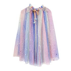 Pastel Rainbow Gradient Star Tulle Kids Fairy Cape With Sequin Wing Collar & Star Pendant