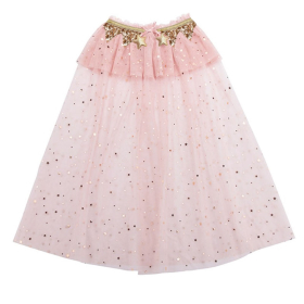 Blush Pink All-Over Gold Star Glitter Tiered Tulle Kids Cape With Sequin Waist Frill & Star Ornament Tie
