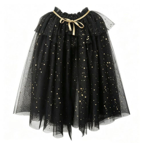 Black Star Glitter Irregular Layered Tulle Kids Cape With Ruffle Neck & Golden Satin Ribbon Tie