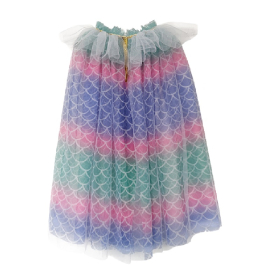 Gradient Rainbow Mermaid Scale Long Tulle Kids Cape With Ruffle Cap Shoulder