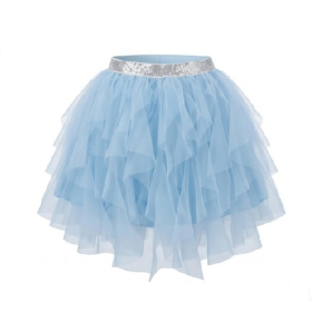 Light Blue Irregular Layer Tulle Tutu Skirt with Silver Sequin Waistband for Girls