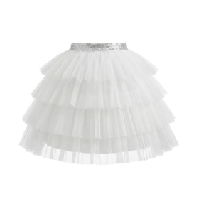White Multi-Tier Ruffle Tulle Tutu Skirt with Silver Sequin Waistband for Girls