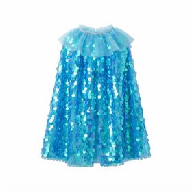 Iridescent Blue Mermaid Big Sequin Full Tulle Kids Cape With Ruffle Mesh Neckband