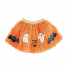 Halloween Orange Tulle Tutu Skirt with Pumpkin, Ghost & Bat Appliques for Girls