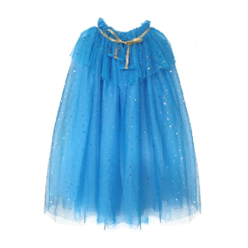 Ice Blue Gold Star Glitter Layered Tulle Kids Cape With Ruffle Neck & Golden Satin Ribbon Tie