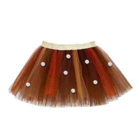 Girls Autumn‑Tone Tulle Tutu Skirt with White Pom‑pom Decorations