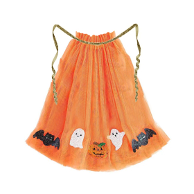 Orange Halloween Pumpkin Ghost Bat Sequin Tulle Kids Cape With Gold Glitter Waist Tie