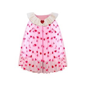 Pink All-Over Red Heart Print Tulle Kids Cape With Ruffle Neck & Red Glitter Heart Ornament