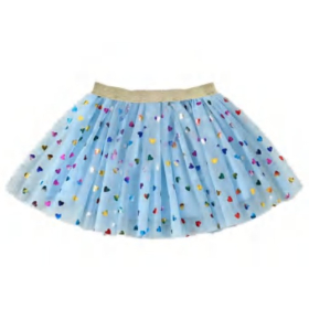 Girls Light‑Blue Tulle Tutu Skirt with Multicolored Heart Prints