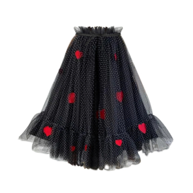 Black White Polka Dot Red Heart Appliqué Layered Tulle Kids Cape With Ruffle Waist & Black Satin Tie