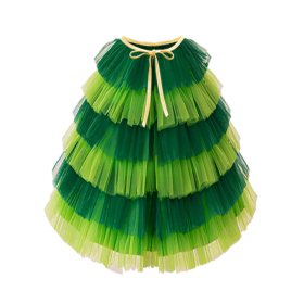 Tiered Two-Tone Green Christmas Tree Tulle Kids Cape With Golden Satin Ribbon Tie