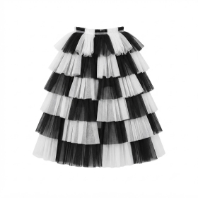 Black & White Alternating Tiered Striped Tulle Kids Cape With Elastic Waistband