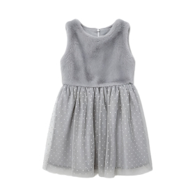 Grey Faux Fur Sleeveless White Dot Tulle Girls Winter Dress