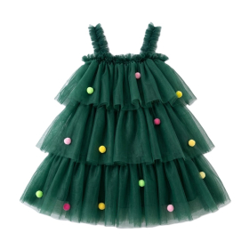 Dark Green Christmas Tree Pom Pom 3-Tier Tulle Girls Sling Dress