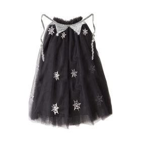 Black Silver Spider Web Appliqué Tulle Kids Cape With Silver Glitter Waist Ribbon Ties
