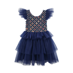 Navy‑Blue Sequined Grid Mesh Ruffle‑Sleeve Tulle Girls Party Dress