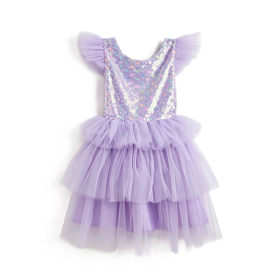 Lavender Iridescent‑Sequin Ruffle‑Sleeve Layered Tulle Girls Party Dress