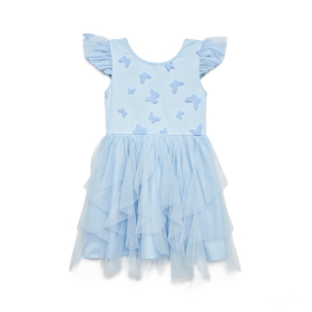 Sky‑Blue 3D Butterfly Appliqué Ruffle‑Sleeve Irregular‑Cut Tulle Girls Tutu Party Dress