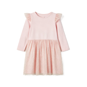 Pink Long‑Sleeve Glitter‑Dot Tulle Ruffle‑Shoulder Girls Casual Party Dress