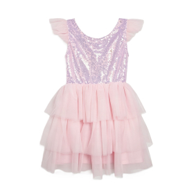 Lilac‑Pink Sequin‑Bodice Ruffle‑Shoulder Multi‑Tiered Tulle Girls Party Dress