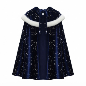 Navy‑Blue Velvet Star‑Constellation Cape With White Fur Trim and Neck Tie