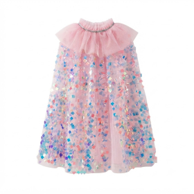Pink Ruffled‑Collar Iridescent Confetti‑Sequin Kids Tulle Cape